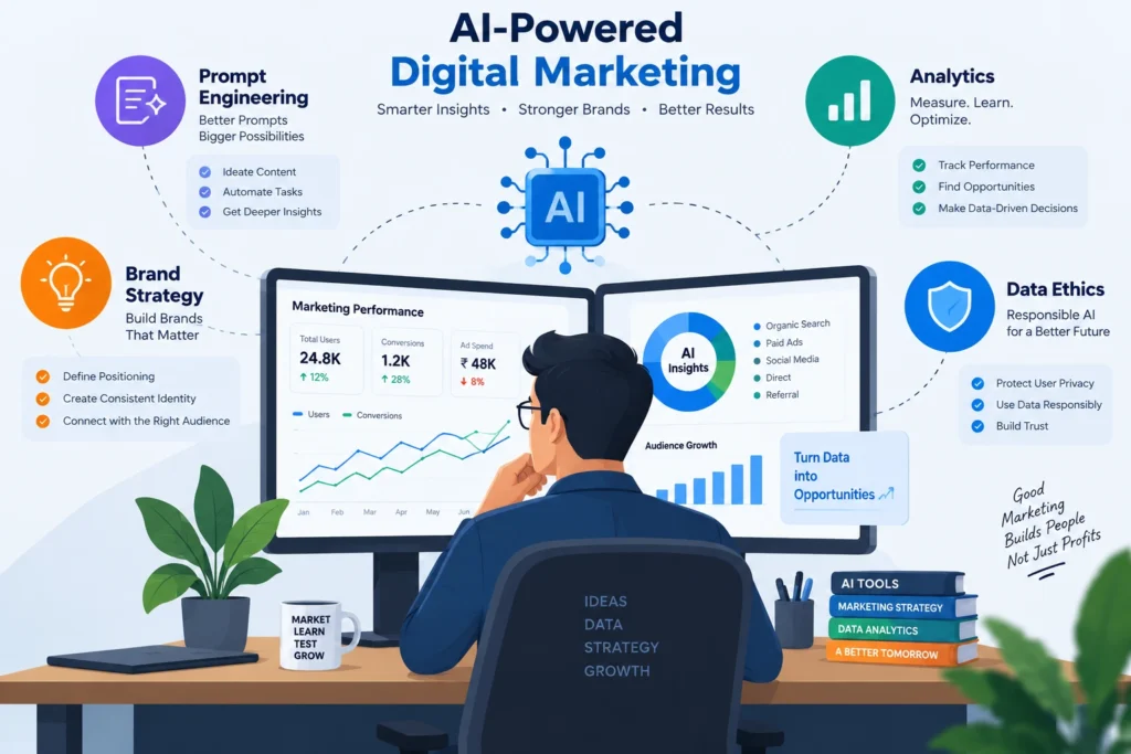 Infographic illustrating essential skills for digital marketers working with artificial intelligence.