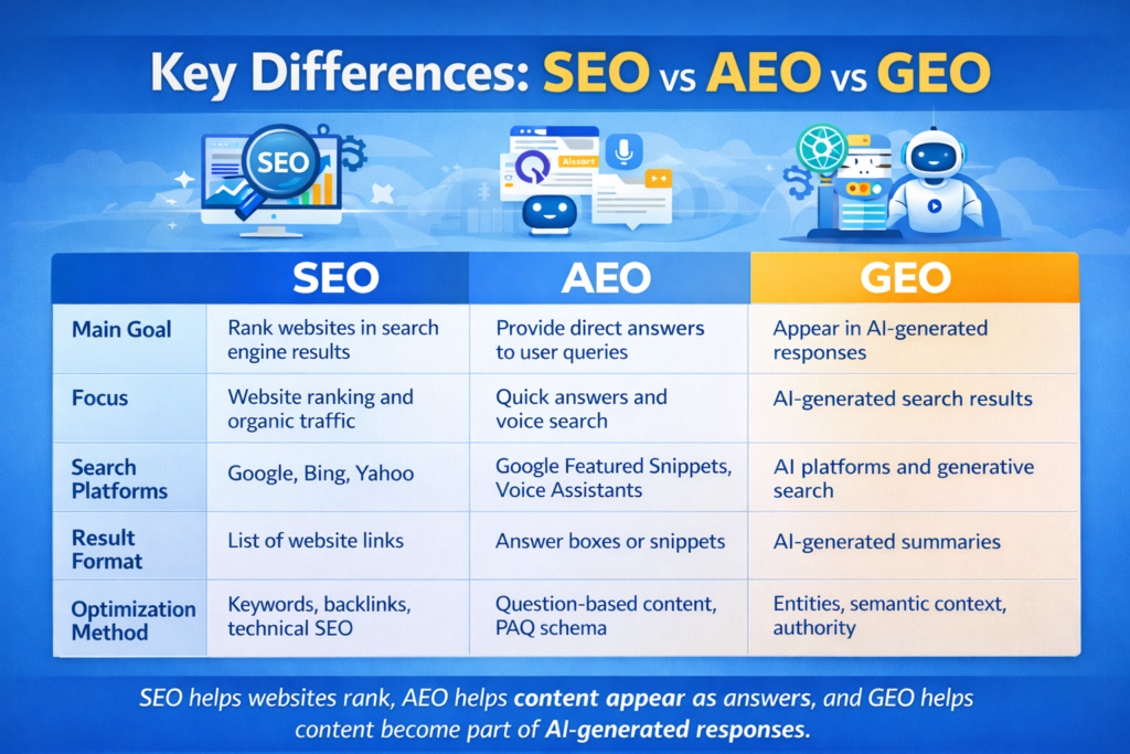 diffrence between seo vs aeo vs geo