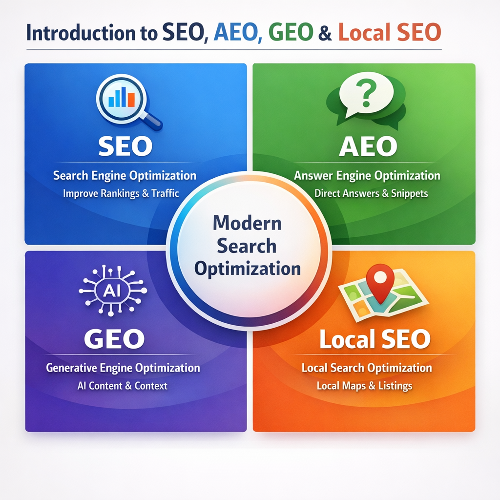 introduction to seo, aeo, geo, local seo