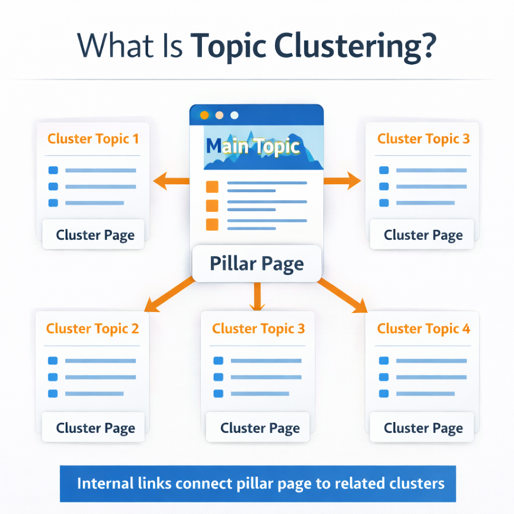 “topic clustering seo diagram showing a pillar page connected with multiple related cluster articles through internal links.”