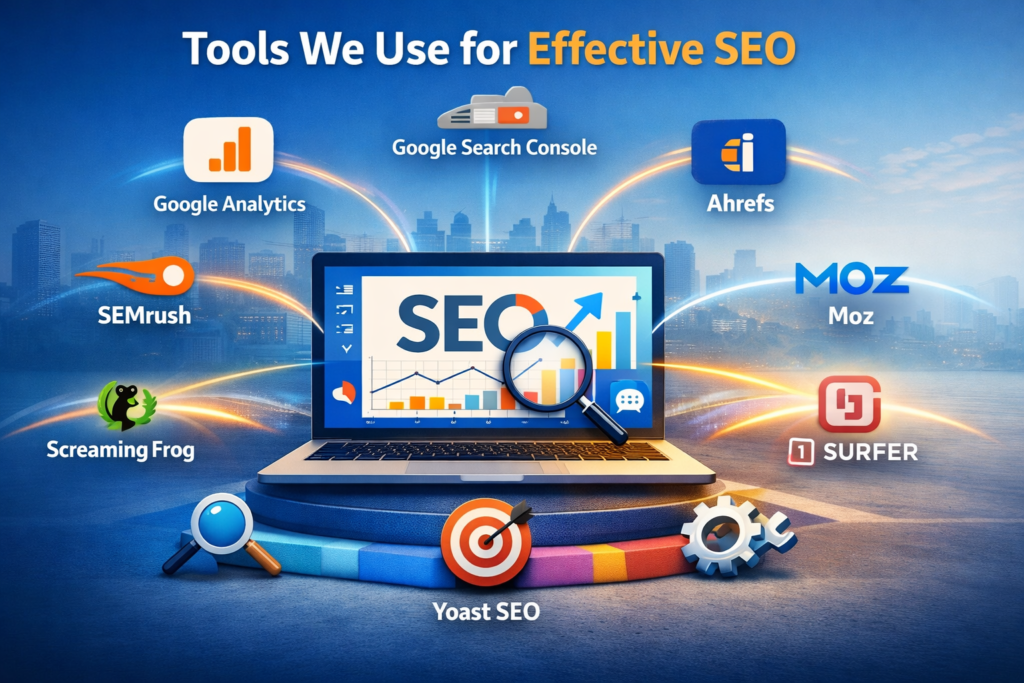 SEO tools used for keyword research, analytics and technical SEO optimization