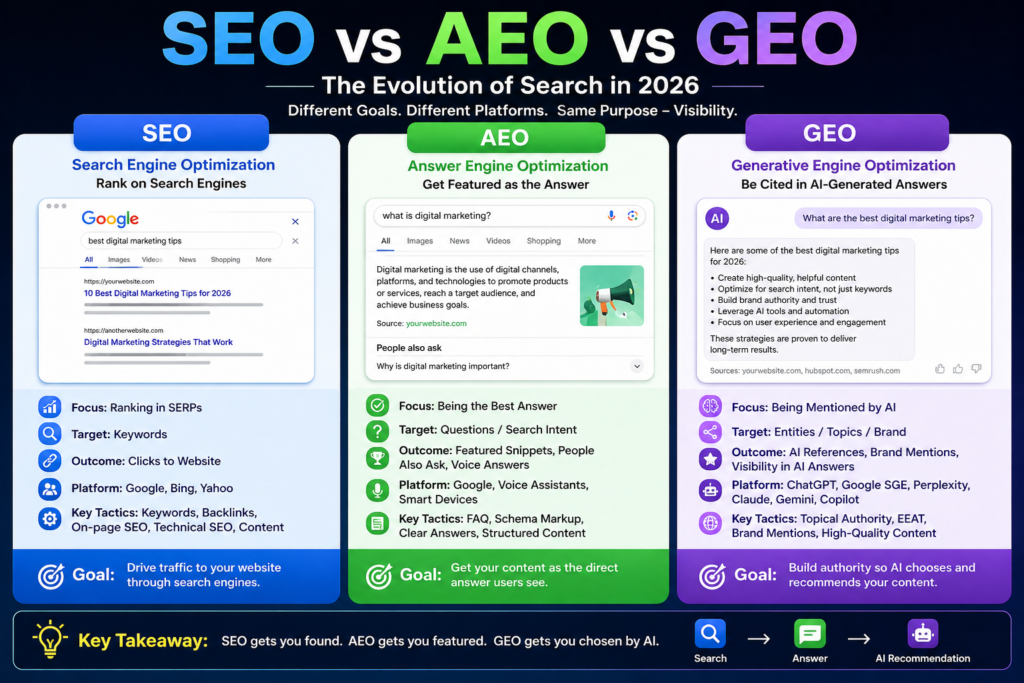 differance between SEO,AEO,GEO