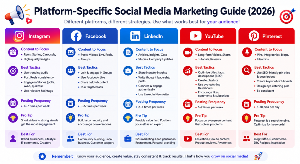 Platform-specific social media marketing tips for Instagram Facebook LinkedIn YouTube Pinterest
