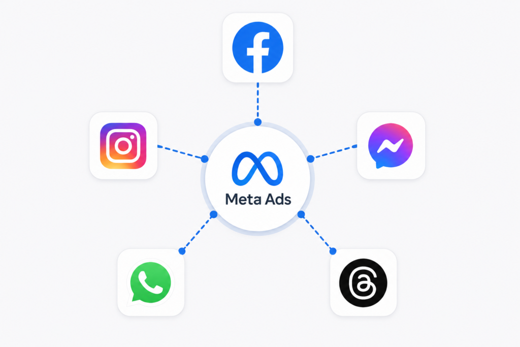 The Ultimate Meta Ads Guide for 2026: From Zero to Advanced Diagram of the Meta advertising ecosystem across Facebook, Instagram, Messenger, WhatsApp, and Threads
