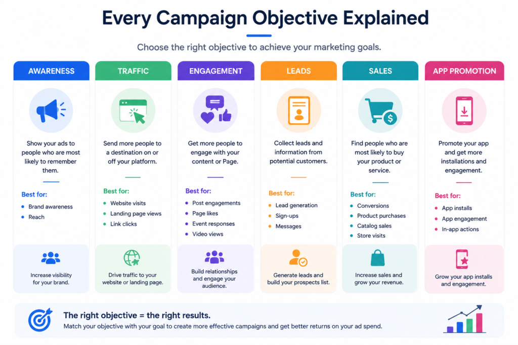 The Ultimate Meta Ads Guide for 2026: From Zero to Advanced Every Campaign Objective Explained(Awarness,Traffic,engagement,leads,sales,app promotion)